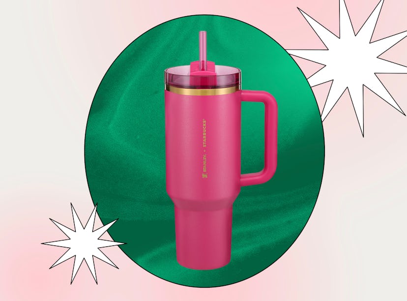 Starbucks' 2024 holiday merch includes a pink glitter Stanley cup.
